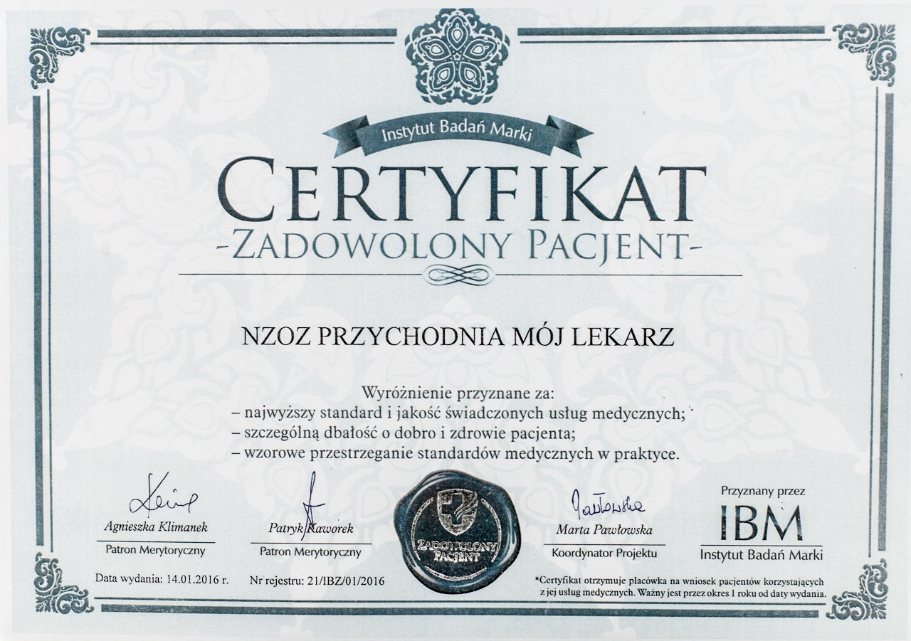 Certyfikat "Zadowolony Pacjent"